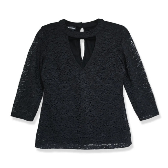 ✨️4/$20. BEBE Black Lace Long Sleeve with Cutout, M - Picture 1 of 9
